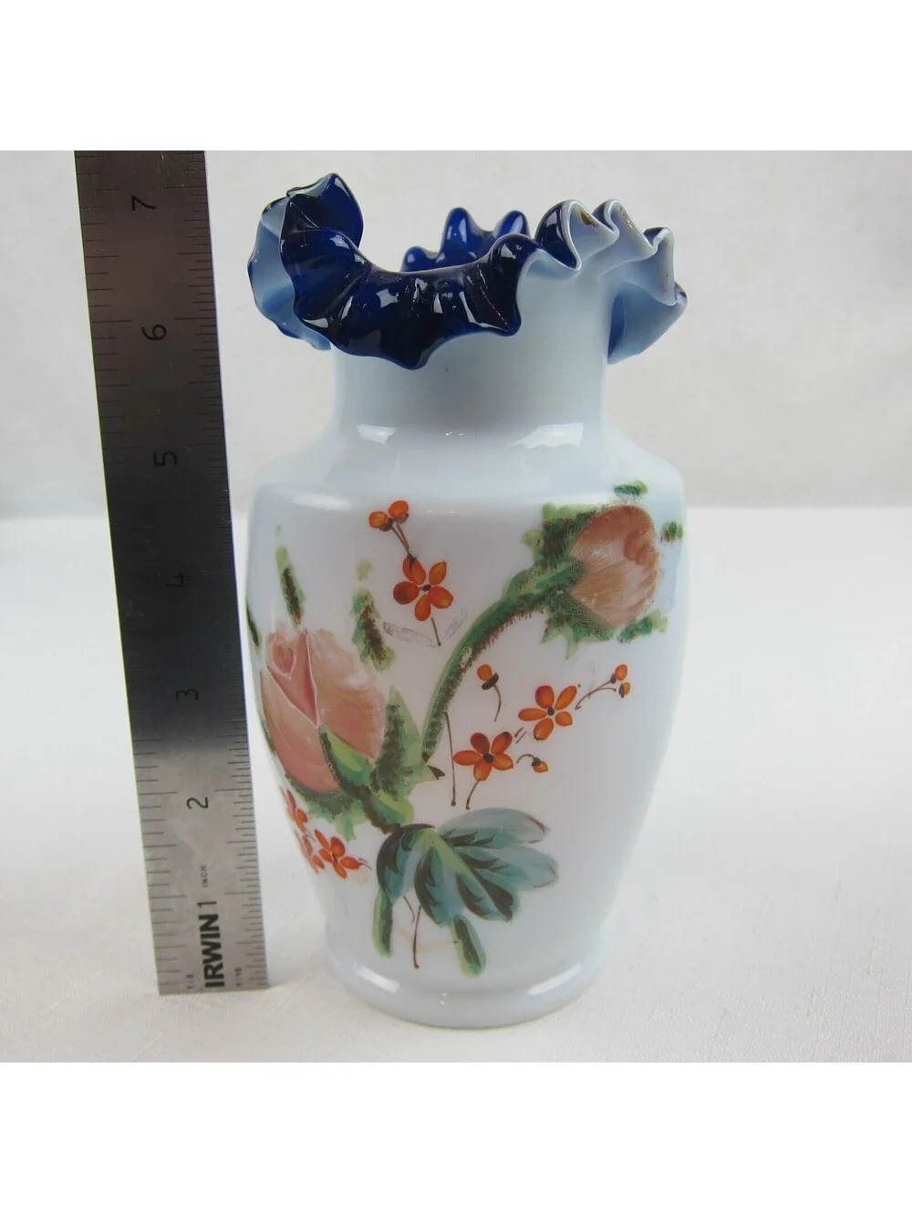 Antique Blue Opaline Glass Vase Hand Painted Floral Design Ruffled Double Crimp